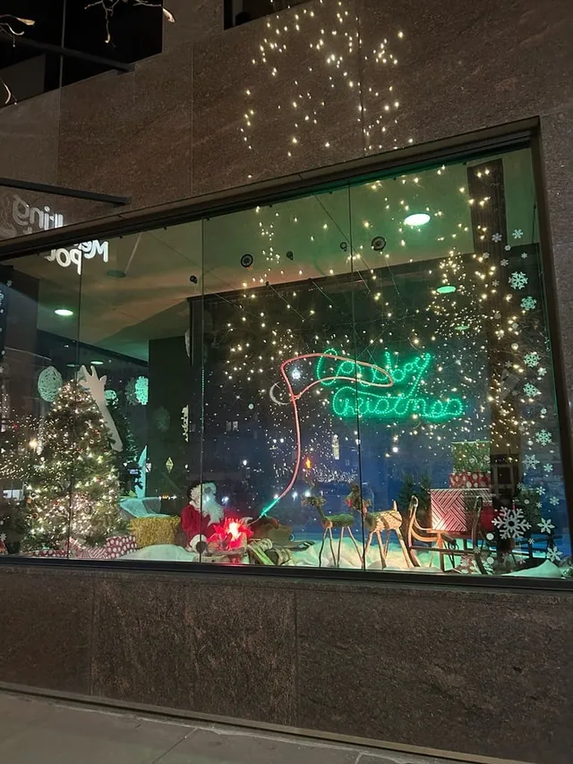 A decorated holiday window display